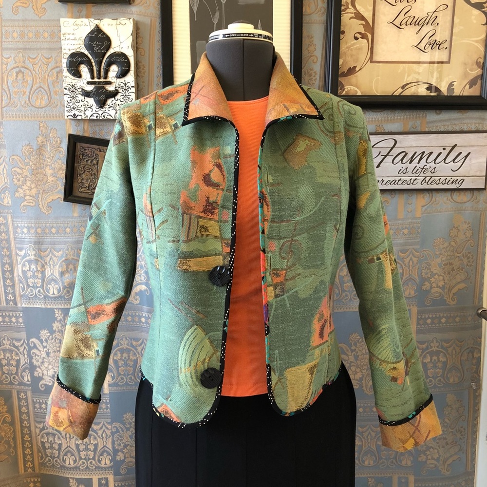Custom designer Art Jacket Size 10/12 green/ coral